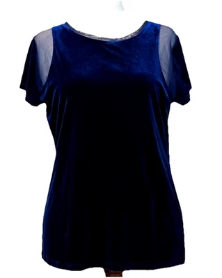 Top de terciopelo INC azul zafiro manga corta malla inserción elástica talla grande usado en excelente estado Foto 1 de 4