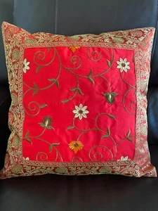 Pillow Cover Red Throw Pillow Silk Brocade 18 Inch Pillow Embroidery Boho Decor - Picture 1 of 7