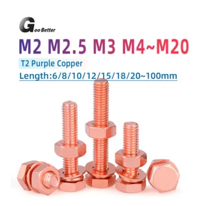 M3~M16 Copper Hexagon Set Screws With Bolt+Nut+Flat/Spring Washer Hex Head Bolts - Picture 1 of 100