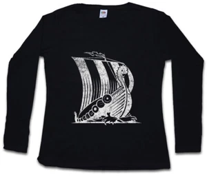 VIKING SHIP V DAMEN LANGARM T-SHIRT Runes Vikings Norsemen Dragon Boat Odin Thor - Picture 1 of 1