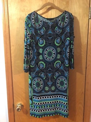TIANA B. Navy Geo Boho 3/4 Peek Sleeve Dress Sz Med - Gorgeous - Great Condition - Image 1 of 4
