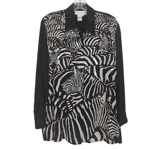 Vintage Diane Gilman Zebra Print Button-Up Black White Silk Sequin Blouse Sz S - Picture 1 of 18