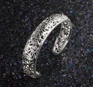 Filigree Hollow Pattern Bangle 925 Sterling Silver Adjustable Open Cuff Bracelet - Picture 1 of 8