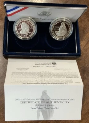 2000 Leif Ericson Millennium Commemorative Proof Silver Dollar 2 Coin Set USMINT - Image 1 of 4