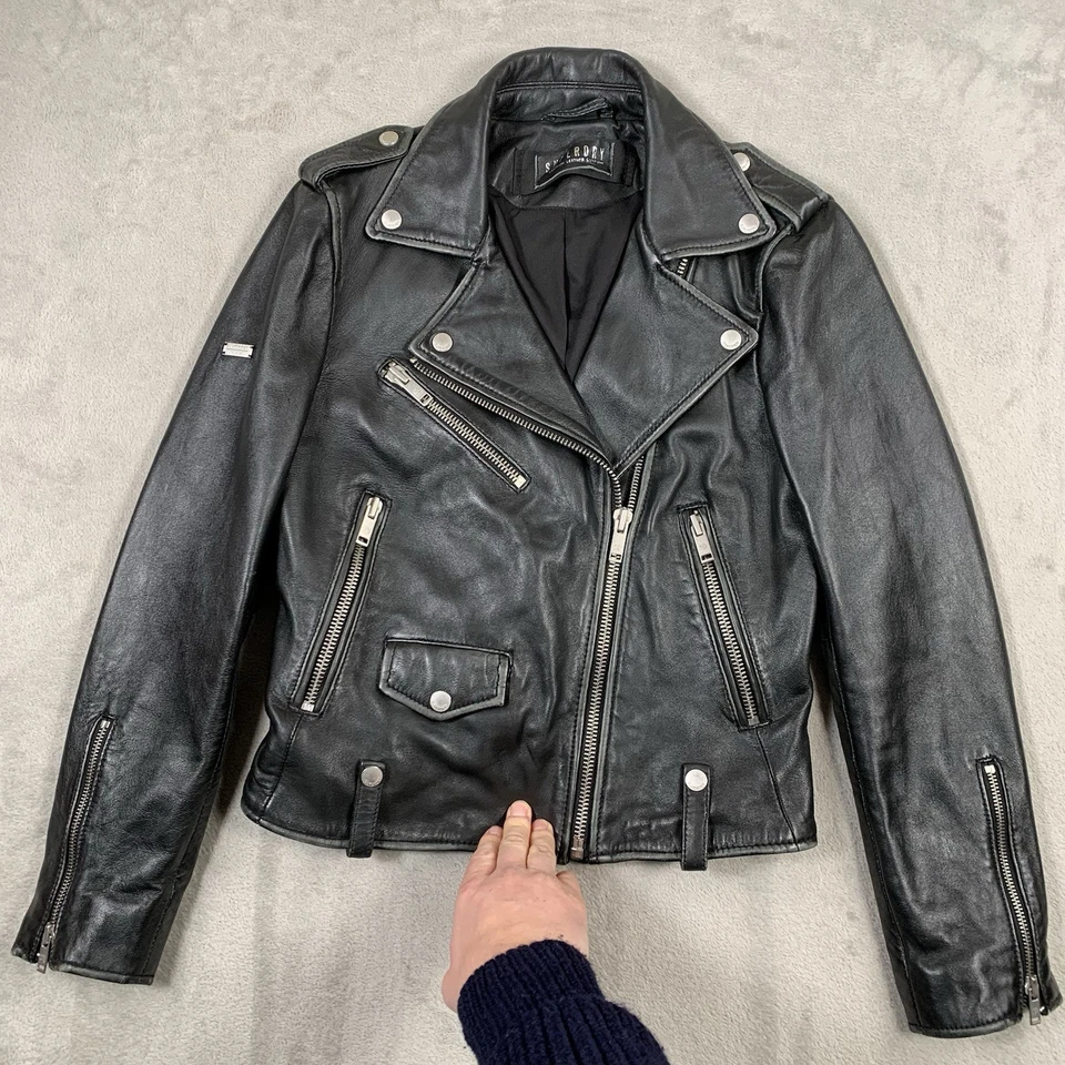 Superdry Chaqueta De Cuero UK 10 Negra Biker Grunge Moto Racer Moto Rocker Foto 1 de 4