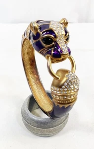 Lila Panther Emaille Scharnier Armband Kristall Kopf grüne Augen goldfarben - Bild 1 von 5