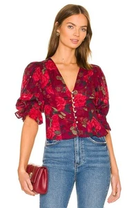Free People I Found You floral Top womens Size S red rose puff sleeve romance - Picture 1 of 10