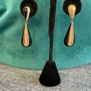 Christian Dior Goldtone Black Enamel Dangle tear Drop Earrings Rhinestones - Picture 1 of 6
