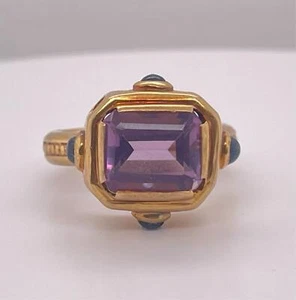 Anillo de cóctel de amatista y zafiro corte esmeralda oro amarillo 18K vintage - Imagen 1 de 9