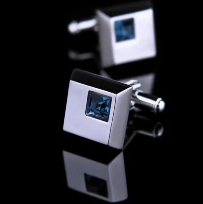 Gemelos cuadrados de oro blanco de 10 quilates con piedras preciosas de zafiro azul simulado para hombre Foto 1 de 3