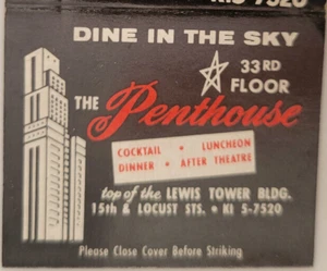 The Penthouse Restaurant Lewis Tower Philadelphia PA Vintage Matchbook Cover - Picture 1 of 3