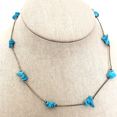 Collar Vintage Plata de Ley 925 Líquida Turquesa Cuentas 16" Foto 1 de 4