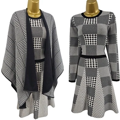 UK 14-16 Karen Millen L Houndstooth Check Knit Flare Jumper Dress & Cape - Изображение 1 из 4