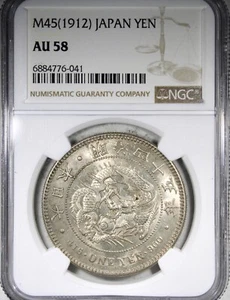 1912(M45) Japan Yen NGC AU58 .9 Silver Coin Lightly Circulated - Picture 1 of 2