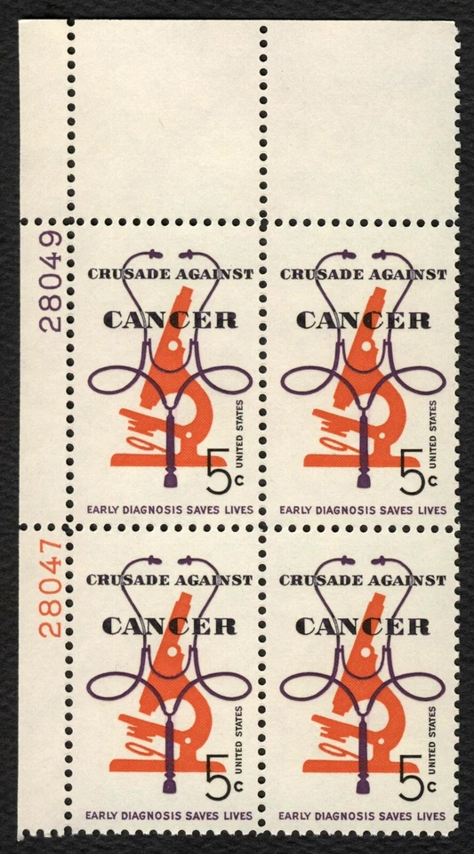 #1263 5c Crusade Against Cancer, Plate Block [28047-49 UL] **ANY 5=FREE SHIP** - Image 1 of 1