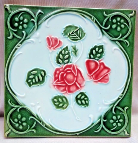 Antique Tile Majolica Japan Dk Ceramic Floral Motif Pink Rose Architecture "261 Cover