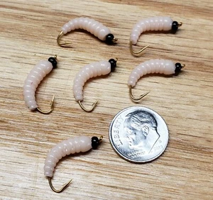6 - #12 BH Grub Worms Flesh Pink Wet Fly - Trout, Crappie, Pan Fish, - Picture 1 of 1