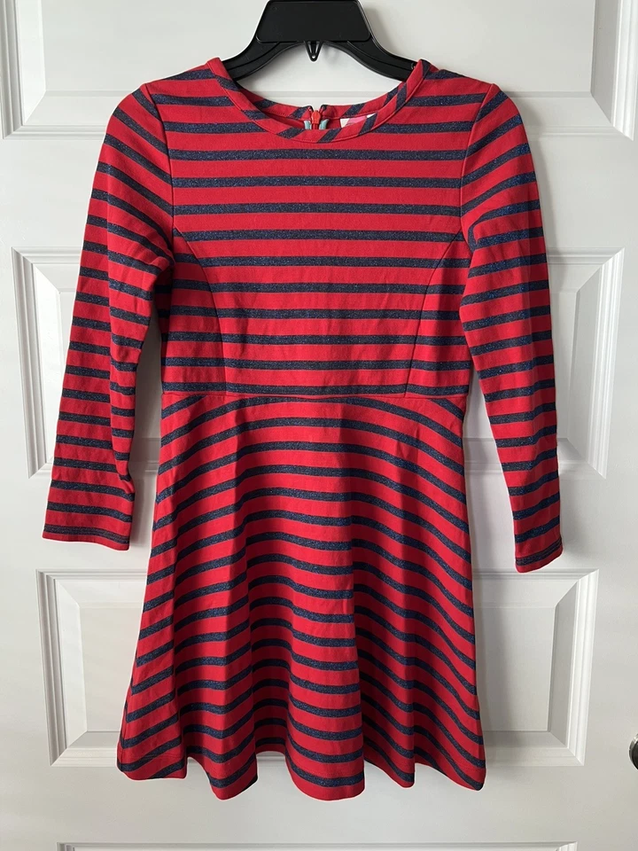Vestido manga larga a rayas metálicas rojo y azul Johnnie B para niñas talla 9-10 Boden  Foto 1 de 4