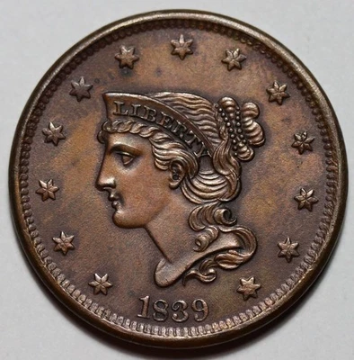 Moeda de cobre 1839 cabelo trançado centavo grande (N-8) - cabeça de 1840 - EUA 1c - Imagem 1 de 4