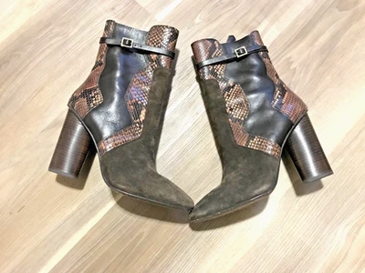 Damas Tory Burch Medio Pantorrilla Marrón Tostado Piel de Serpiente Gamuza Cuero Botas Talla 9.5 Foto 1 de 4