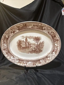 English Victorian Brown Transferware 18 In River Scene Platter - Picture 1 of 11