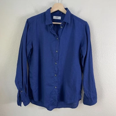 Camisa Blusa Top Uniqlo Mujer Pequeña Azul 100% Lino Abotonada Manga Larga Foto 1 de 4