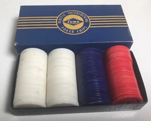 Vintage 100 CT Box Lowe Plastic Poker Chips USA Red White Blue Marble Exc Unused - Picture 1 of 8