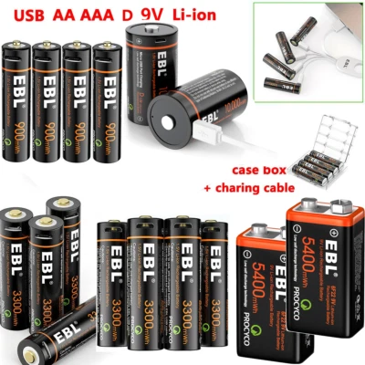 EBL 1.5V AA AAA  Lithium Batteries USB Rechargeable  9V 6F22 Li-ion Battery Lot - Image 1 of 4