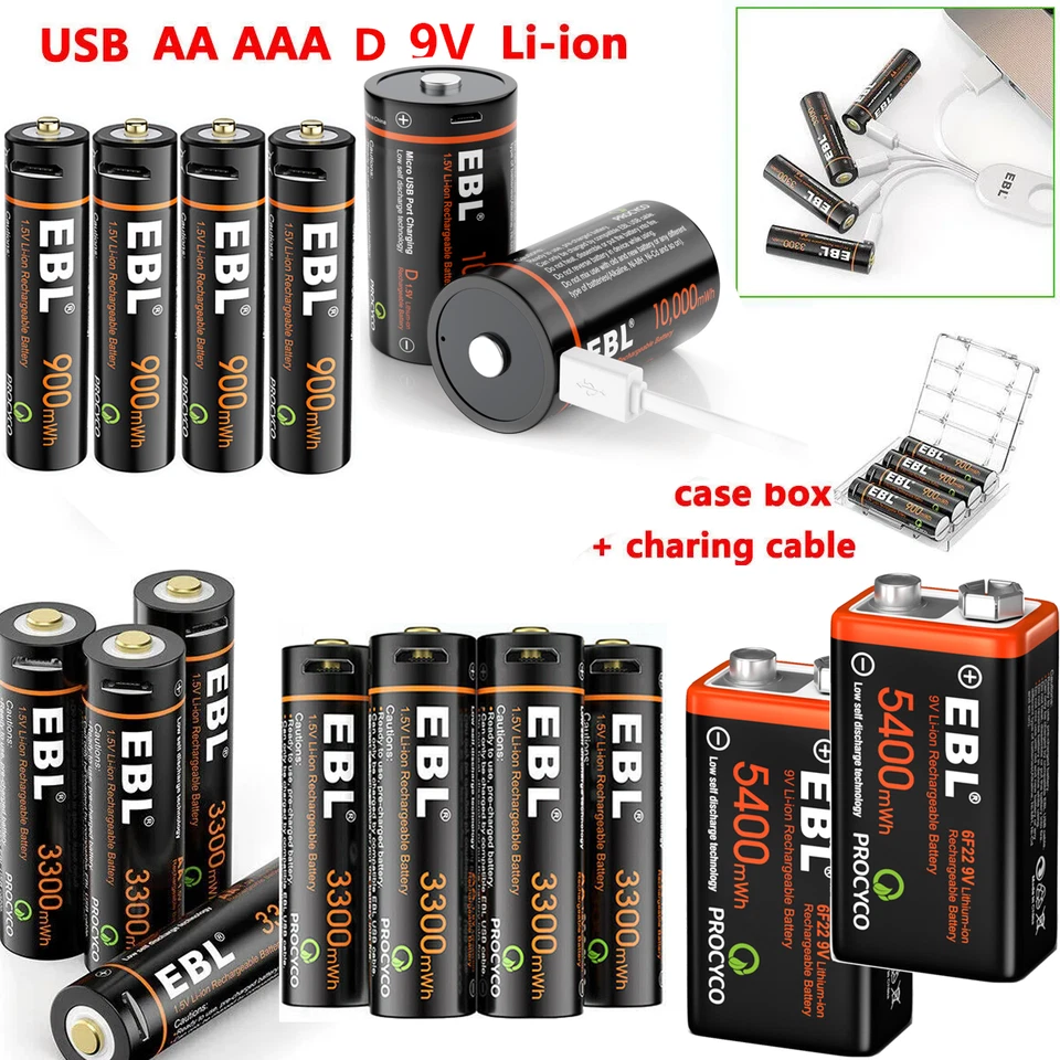 EBL 1.5V AA AAA  Lithium Batteries USB Rechargeable  9V 6F22 Li-ion Battery Lot - Image 1 of 4