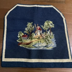 VTG Windmill Scene Handmade Tapestry Finished Needlepoint Chair Seat Cover - Picture 1 of 5