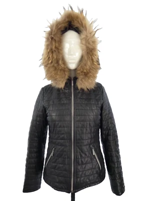 Oakwood Leather Hooded Jacket Quilted Black HAPPY Racoon Fur Fitted size S - Image 1 of 4