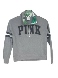 Victoria’s Secret PINK Small Womens Sweatshirt Gray Palm 1/4 Zip Pullover Logo - Picture 1 of 8