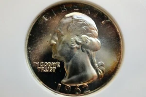 1962  WASHINGTON QUARTER ANACS PR 65 CAMEO 90% SILVER GREAT TONING - Picture 1 of 8