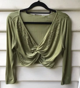 COUNTRY ROAD Khaki Ballet Top NWT $90 S 10 Sequins Knot Front Blouse Crop Small - Picture 1 of 7