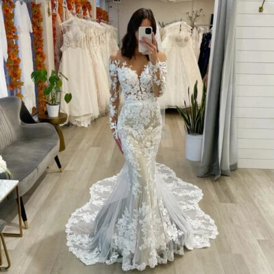 Lace Mermaid Wedding Dresses Illusion Neck Long Sleeve Appliques Bridal Gowns US - Image 1 of 4