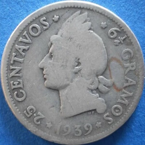 DOMINICAN REPUBLIC 25 CENTAVOS 1939 SILVER Dominicana Dominikanische Dominicaine - Picture 1 of 2