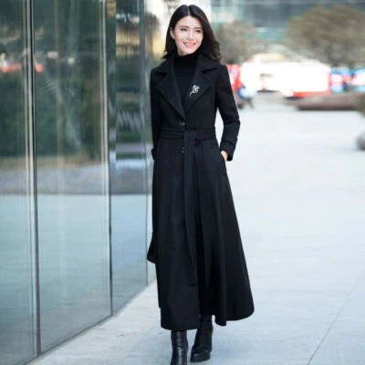 Women Wool Blend Single Breasted Lapel Collar Trench Belt Outwear Slim Long Coat - Image 1 of 4