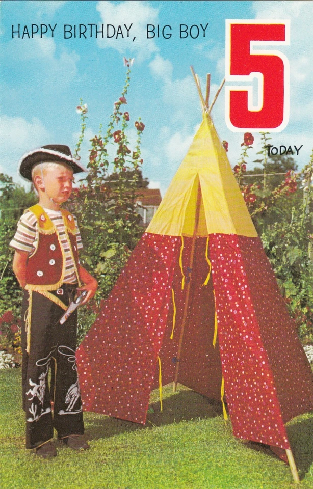 5º Feliz Cumpleaños Niños Vintage Tarjeta de Felicitación 5 Años Vaquero Wigwam Quinto Foto 1 de 1