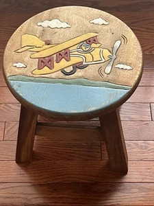 Handcrafted Thai Wood Stool Airplane Design 10” Tall Child Seat Footrest - Picture 1 of 11