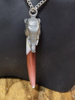Pewter Elephant And Resin Brown & White Tusk On 18" Chain Unique  - Image 1 of 4
