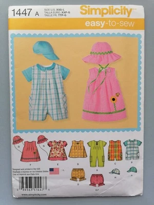 Baby Romper/Dress/Top/Panties/Hat Sewing Pattern, Sizes 3-11kg - Simplicity 1447 - Image 1 of 2