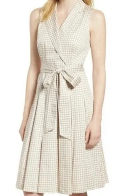 Anne Klein Faux Wrap Dress Sz 12 Tan White Plolka Dots Pleated Belted Sleeveless - Image 1 of 4