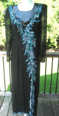 Y2K Alyce Sequin Beaded Gown Black Silk HIGH Front Slit LOW Back Teal Purple - Image 1 of 4