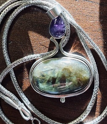 Vintage 925 Sterling Silver Amethyst Labradorite Pendant Braided Chain Necklace - Image 1 of 4