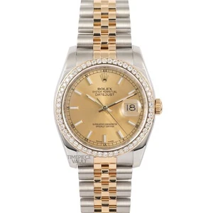 ROLEX DATEJUST 116233 GOLD & STEEL 36MM CHAMPAGNE STICK DIAL 18K DIAMOND BEZEL - Picture 1 of 9
