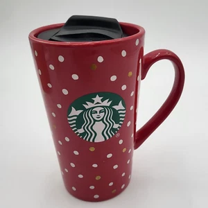 Taza de café de viaje Starbucks roja lunares cerámica alta 14 oz con asa y tapa - Imagen 1 de 8
