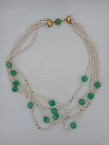 COLLANA GIROCOLLO 4 FILI PERLE ACQUA DOLCE CON AGATA VERDE E CHIUSURA IN ORO - Foto 1 di 3