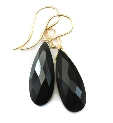 14k Gold Black Spinel Earrings Long Facet Pear Briolette  Dangle Drops Sterling - Image 1 of 4