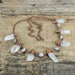 Rainbow Moonstone Rough Gemstone Copper Chain Electroformed New Necklace Jewelry - Picture 1 of 6