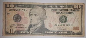 RARE STAR NOTE (JD 01540133*) 2009 *Low Run Size* $10 Dollar Bill Circulated - Picture 1 of 7